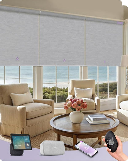 Graywind Smart Coupled Roller Shades Compatible with Alexa Google Custom Size Extra Large Motorized Blinds for Windows(Striped Light Grey)