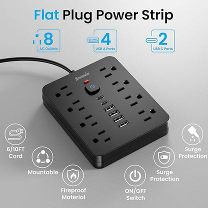 Surge Protector Power Strip, 8 Outlets(1850W/15A/14AWG), 6 USB Charging Ports(2 USB C), 10FT Flat Plug Extension Cord Outlet Extender with Overload Protection, ETL Certified for Office