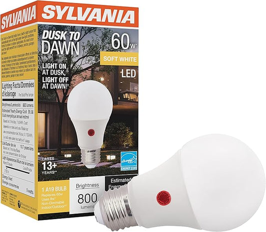 Sylvania Dusk to Dawn A19 LED Light Bulb with Auto On/Off Light Sensor, 60W=9W, 800 Lumens, 2700K, Soft White - 1 Pack (41288)