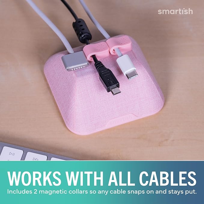 Smartish Magnetic Cord Holder, Cable Wrangler, Nightstand & Desk Organizer | Holds 5 Cords, 2 Cable Clips, Weighted Base, Charger Keeper, Phone Charging Cable Management, Home Office Accessories, Pink
