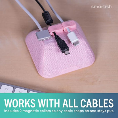 Smartish Magnetic Cord Holder, Cable Wrangler, Nightstand & Desk Organizer | Holds 5 Cords, 2 Cable Clips, Weighted Base, Charger Keeper, Phone Charging Cable Management, Home Office Accessories, Pink