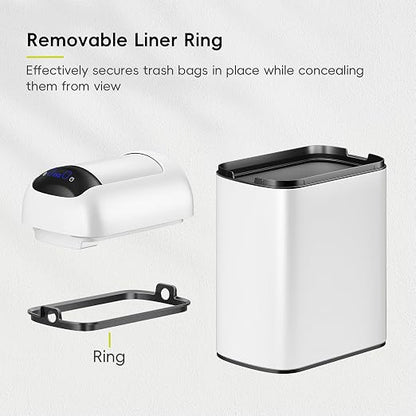 EKO Astro Slim Sensor Trash Can, 10L / 2.6 Gallon Touchless Garbage Bin with Soft-Close Retractable Wing Lid, Motion Sensor Stainless Steel Garbage Can for Bathroom, Kitchen, Office, Waterproof, White