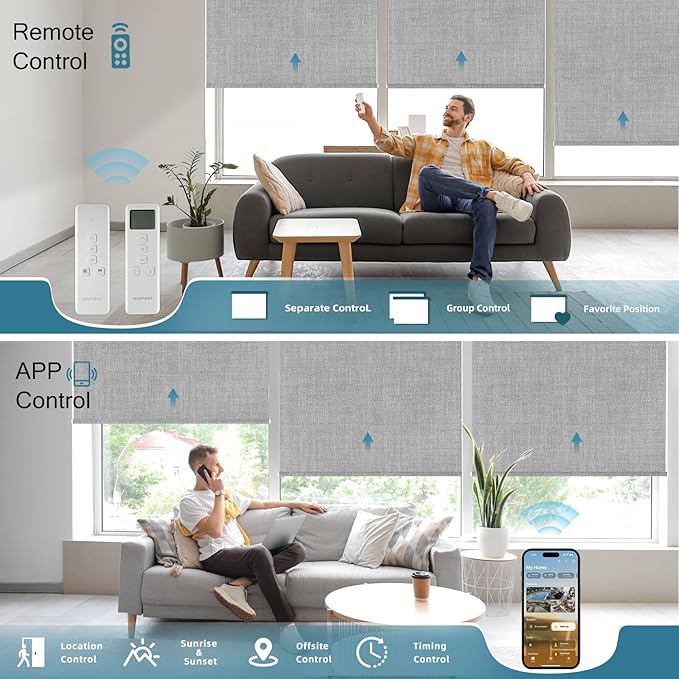 Motorized Roller Shade, 100% Blackout Smart Window Blinds Work with Homekit, Alexa, Google Home, Remote Control, Electric Blinds with USB/Solar Pannel Charging,Gentle Pale Grey