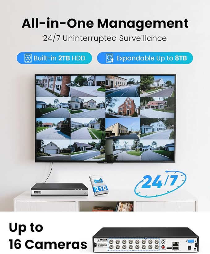 ZOSI 16 Channel H.265+ Home Security DVR Recorder, 1080P Lite Hybrid 4-in-1(Analog/AHD/TVI/CVI) CCTV DVR for Security Camera, Motion Detection, Mobile Remote Control, Alert Push (2TB HDD Included)