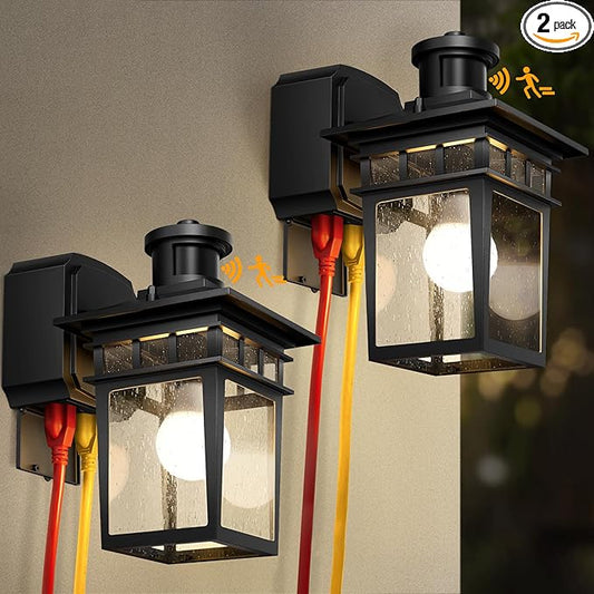 2 Pack Porch Light with GFCI Outlet, Black Dusk to Dawn Motion Sensor Outdoor Lights, 3-Mode Wall Exterior Lighting Fixture, Waterproof Outside Lights Sconce for House Front Door Patio Garage