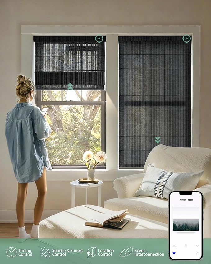 Yoolax Motorized Roman Shades with Remote, Smart Roman Shades for Windows, Semi Sheer Automatic Blinds Work with Alexa, Google Home, Apple Homekit for Living Room, Dining Room, Customized (Black)