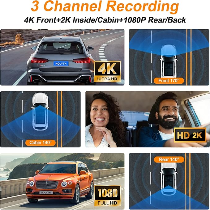 NOLYTH 4K Dash Cam 3-Channel: Front 4K Captures License Plates on Highway+Inside 2K+Rear 1080P 64GB Card 5G Wi-Fi & App 4IR Night Vision G-Sensor 24H Parking for Uber/Lyft/Families/New Drivers