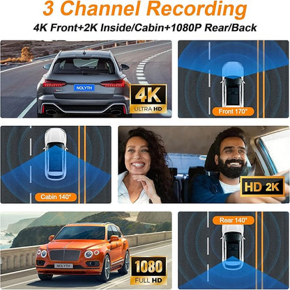 NOLYTH 4K Dash Cam 3-Channel: Front 4K Captures License Plates on Highway+Inside 2K+Rear 1080P 64GB Card 5G Wi-Fi & App 4IR Night Vision G-Sensor 24H Parking for Uber/Lyft/Families/New Drivers