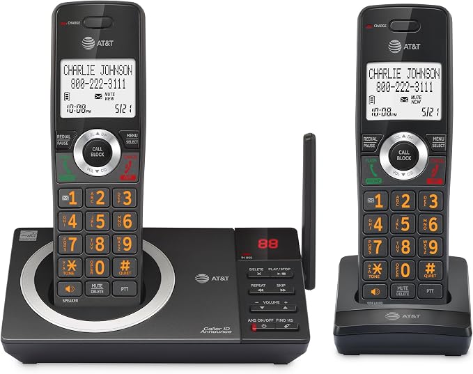 AT&T CL82218 2-Handset DECT 6.0 Cordless Phone, Charcoal Black | Large Display, Big Buttons, Answering Machine, Smart Call Blocker