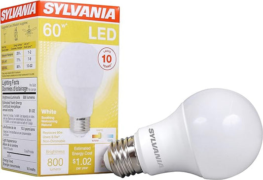 Sylvania A19 LED Light Bulb, 8.5W, 60W Equivalent, 10 Year, Non-Dimmale, 800 Lumens, 3000K, White (74733) (Pack of 1)