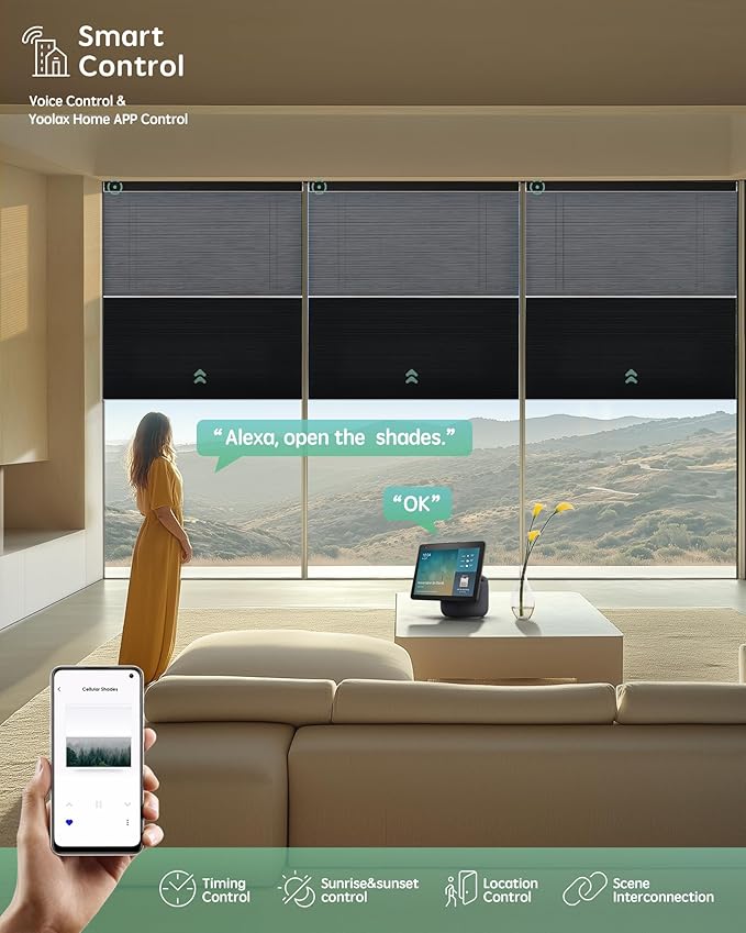 Yoolax Smart Motorized Day and Night Cellular Shades with Remote, Top Down Bottom Up Blinds Compatible with Alexa, Honeycomb Blinds (Black Light Filtering+Black Blackout)