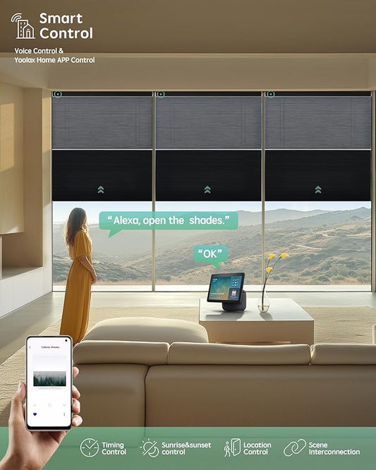 Yoolax Smart Motorized Day and Night Cellular Shades with Remote, Top Down Bottom Up Blinds Compatible with Alexa, Honeycomb Blinds (Black Light Filtering+Black Blackout)