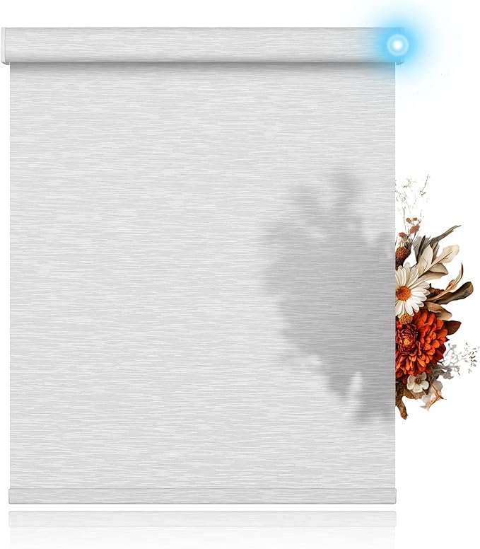 BERISSA Motorized Blinds with Remote,Light Filtering Smart Blinds for Windows,Jacquard Fabric,Remote Control,Thermal Insulated Automatic Blinds,Electric Blinds with USB/Solar Pannel.White