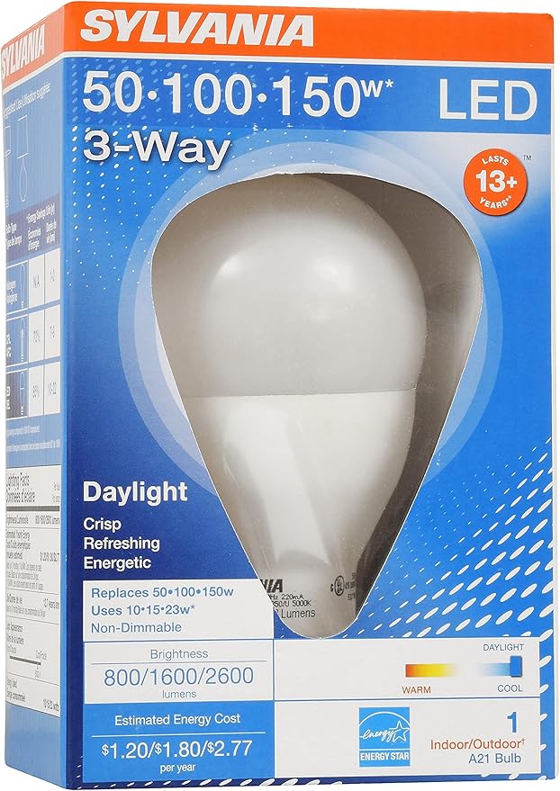 Sylvania A21 LED Light Bulb, 3 Way, 50W/ 100W/ 150W, 13 Year, Non-Dimmable, Up to 2600 Lumens, 5000K, Daylight - 1 Pack (79770)