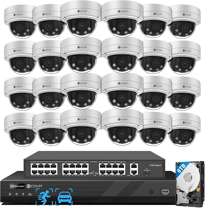 4COVR PoE AutoFocus 32 Channel Security Camera System AI Human Vehicle Detection, 24x 5MP 4X Optical Motorized Zoom IK10 Vandal-Proof Dome IP Camera IP67 with Mic, 4K UHD NVR 8TB HDD, LY57BA5M3224