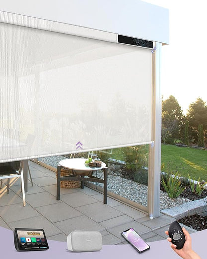 Graywind Motorized Outdoor Shades for Patio - Smart Sun Blinds Compatible With Alexa Google - Exterior Solar Powered Electric Roller Shades for Outside - Custom Size (3% Openness Snowy White)