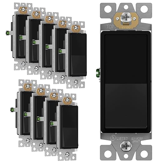 ENERLITES Decorator Paddle Rocker Light Switch, Gloss Finish, Single Pole, 3 Wire, Grounding Screw, Residential Grade,15A 120V/277V, UL Listed, 91150-BK-10PCS, Black (10 Pack)