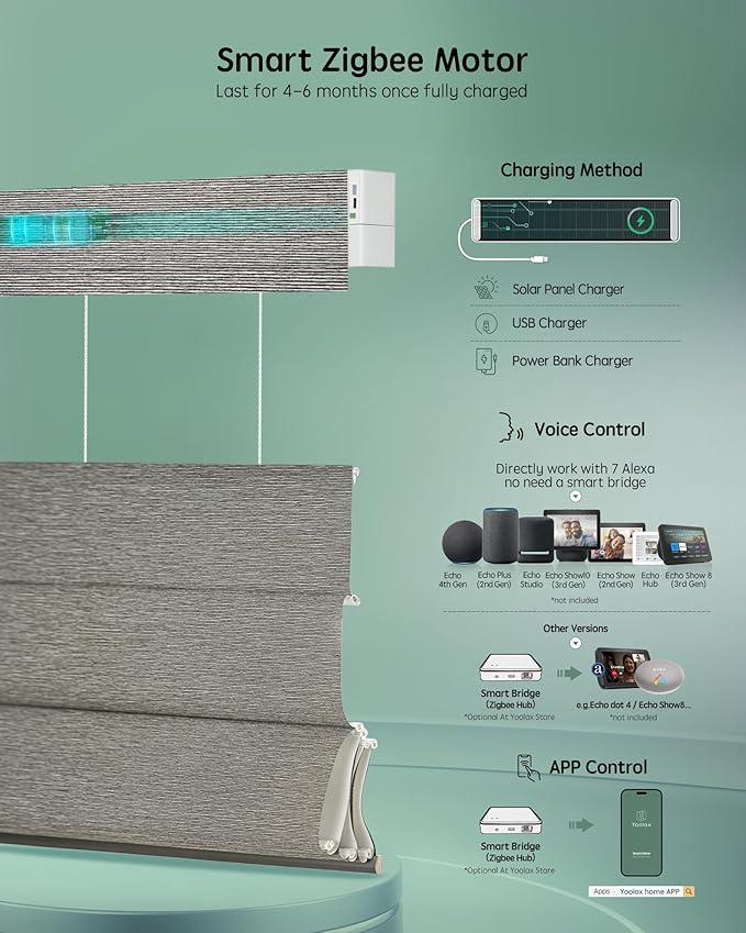Yoolax Smart Top Down Bottom Up Roman Shades, Motorized Roman Shades with Remote, Blackout Smart Blinds Work with Alexa, Google Home, Apple Homekit for Living Room Bedroom, Customized (Wood Stripe)
