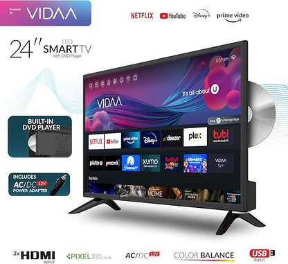 Supersonic SC-2426SDVD 24-inch LED Smart HDTV w/DVD Player, ATSC & NTSC System, 3X HDMI, 1080p, WiFi, USB, Multi Language OSD, AC/DC Compatible for Home, Kitchen, or RV Camper, DC Car Cord Included