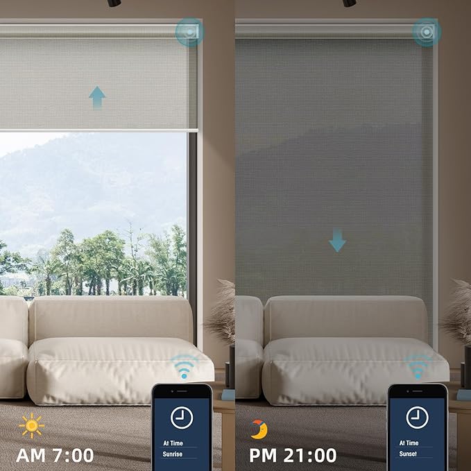 SmartWings Motorized Smart Blinds for Windows in Light Filtering, Electric Remote Roller Shades Compatible with Alexa/Google Home/Homekit, Custom Up to 110”W x 148”H, 5% Openness PVC Free Stone