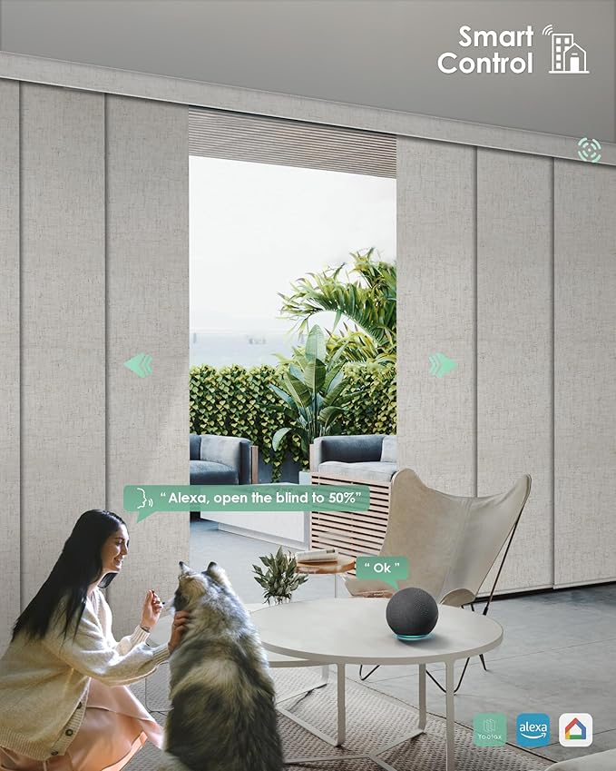 Yoolax Custom XL Smart Vertical Blinds, Motorized Sliding Door Blinds Compatible with Alexa, Fabric Blackout Rechargeable Battery Sliding Panel for Indoor Windows, Patio Doors(Linen Beige)