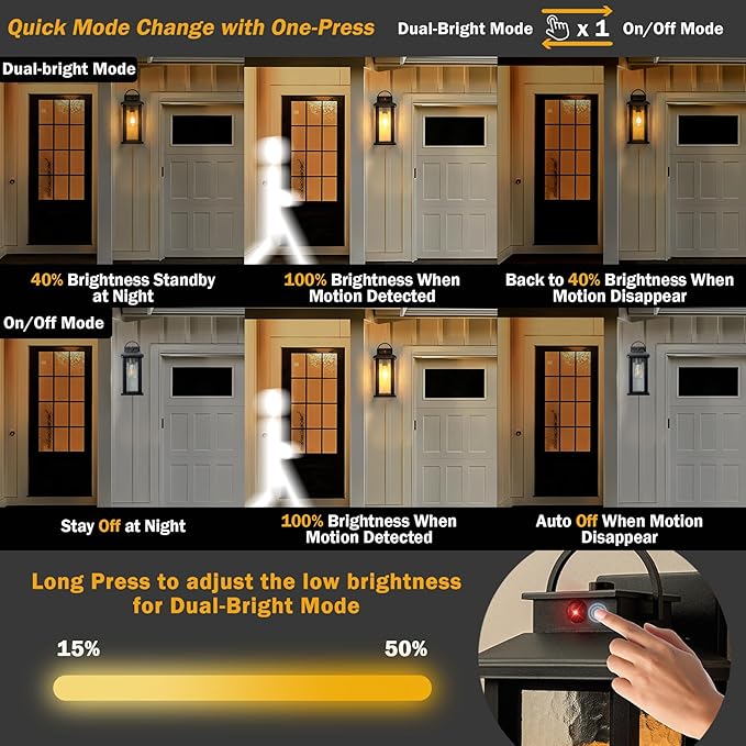2 Pack Motion Sensor Outdoor Lights, Matte Black Dusk to Dawn Porch Lights Outdoor Light Fixture with Water Glass, 3 Lighting Modes Exterior Lighting Fixtures, Waterproof Outside Light for House