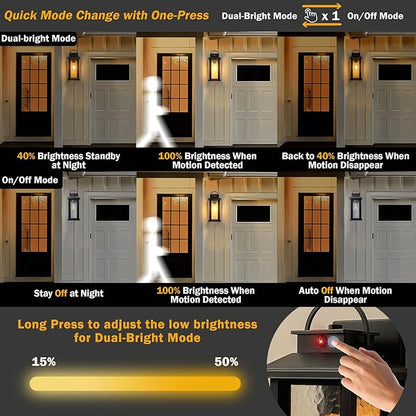 2 Pack Motion Sensor Outdoor Lights, Matte Black Dusk to Dawn Porch Lights Outdoor Light Fixture with Water Glass, 3 Lighting Modes Exterior Lighting Fixtures, Waterproof Outside Light for House
