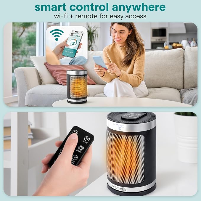 SereneLife Smart Space Heater – 1500W Indoor Electric Heater with Thermostat, Remote Control, 12-Hour Timer, Wi-Fi Enabled PTC Ceramic Heating for Home and Office, Black (5.9" x 5.9" x 9.5")
