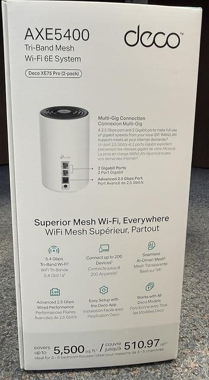 TP-Link Deco XE75 Pro AXE5400 Tri-Band WiFi 6E Mesh System - 2.5G WAN/LAN Port, Covers up to 5500 Sq.Ft, Replaces WiFi Router and Extender, AI-Driven Mesh, New 6GHz Band, 2-Pack