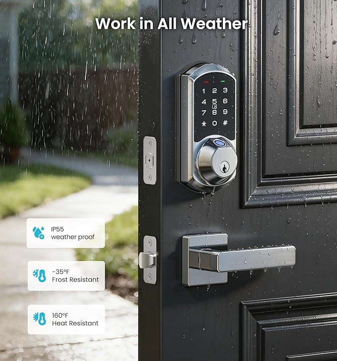 Veise VE07-L Fingerprint App Control Smart Locks with Heavy-Duty Zinc Alloy Handles, Keyless Entry for Front Door, Digital Electronic Touchscreen, Auto Lock, Waterproof, Easy Install, Satin Nickel