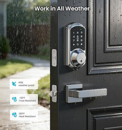 Veise VE07-L Fingerprint App Control Smart Locks with Heavy-Duty Zinc Alloy Handles, Keyless Entry for Front Door, Digital Electronic Touchscreen, Auto Lock, Waterproof, Easy Install, Satin Nickel