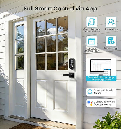 Veise VE07-L Fingerprint App Control Smart Locks with Heavy-Duty Zinc Alloy Handles, Keyless Entry for Front Door, Digital Electronic Touchscreen, Auto Lock, Waterproof, Easy Install, Matte Black