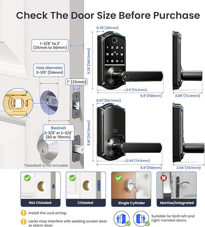 Veise VE019 Fingerprint Smart Lever Lock, App Control, Keyless Entry Door Lock with Handle, Touchscreen Keypad Knob for Front Door and Bedroom, Remote Access Sharing, IP55 Waterproof, Matte Black