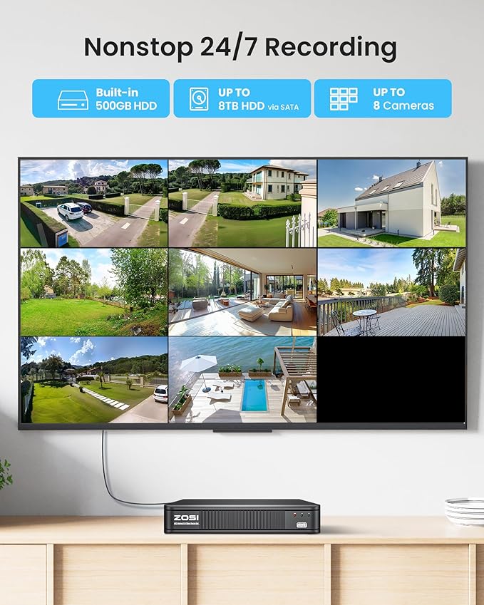 ZOSI 5MP 3K Lite CCTV Security Camera System with AI Human Vehicle Detection, 8CH H.265+ DVR and 4 x 1080p Surveillance Bullet Cameras Outdoor Indoor, 100ft Night Vision, IP66 Weatherproof, 500GB HDD