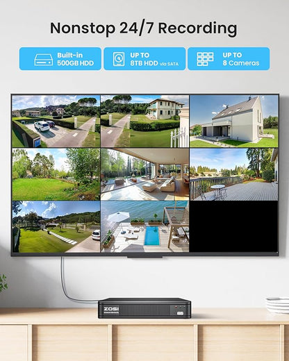 ZOSI 5MP 3K Lite CCTV Security Camera System with AI Human Vehicle Detection, 8CH H.265+ DVR and 4 x 1080p Surveillance Bullet Cameras Outdoor Indoor, 100ft Night Vision, IP66 Weatherproof, 500GB HDD