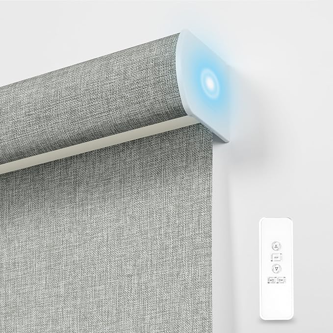 BERISSA Motorized Blinds with Remote,Blackout Smart Blinds for Windows,Linen Fabric,Remote Control,Thermal Insulated Automatic Blinds,Electric Blinds with USB/Solar Pannel.Linen Grey