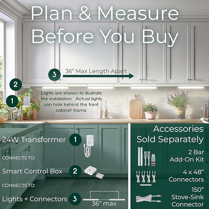 4 Bar Kit - Smart Under Cabinet Lighting - 12” x 360° Wide Angle Bars - 2700K-6500K - 95 CRI - LED - WWA - Works with Alexa, Google, Apple & More - Matter Certified - Plug-in