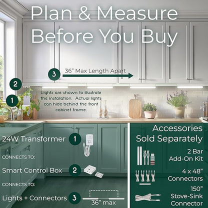 4 Bar Kit - Smart Under Cabinet Lighting - 12” x 360° Wide Angle Bars - 2700K-6500K - 95 CRI - LED - WWA - Works with Alexa, Google, Apple & More - Matter Certified - Plug-in