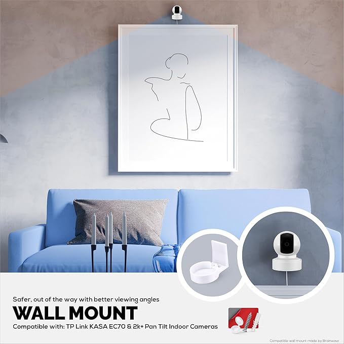 BRAINWAVZ Wall Mount for Kasa EC70 Spot & 2K Indoor Pan/Tilt, Adhesive Holder for TP Link Spot Smart Security Cameras, Installs in Minutes, No Mess Hanger Bracket (White)