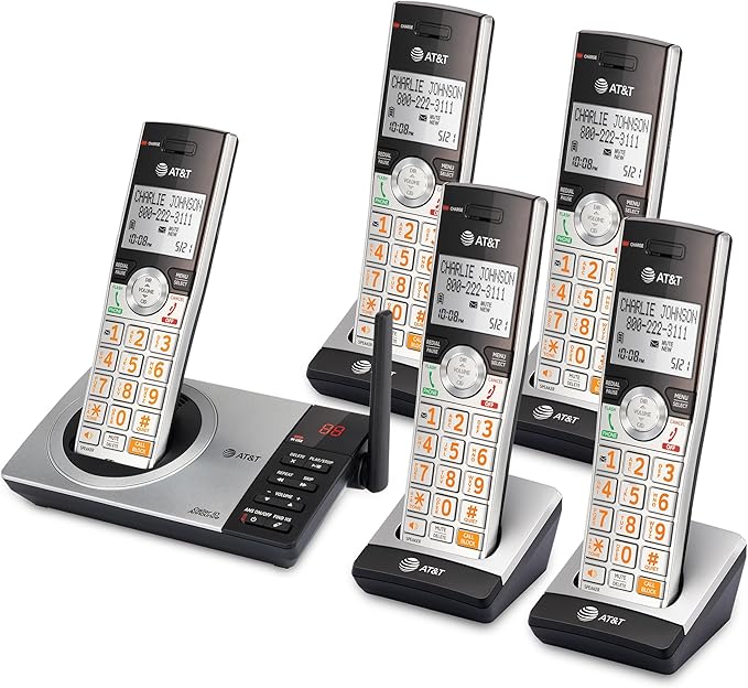 AT&T CL82507 DECT 6.0 5-Handset Cordless Phone for Home with Answering Machine, Call Blocking, Caller ID Announcer, Intercom and Long Range, Silver (CL82507)