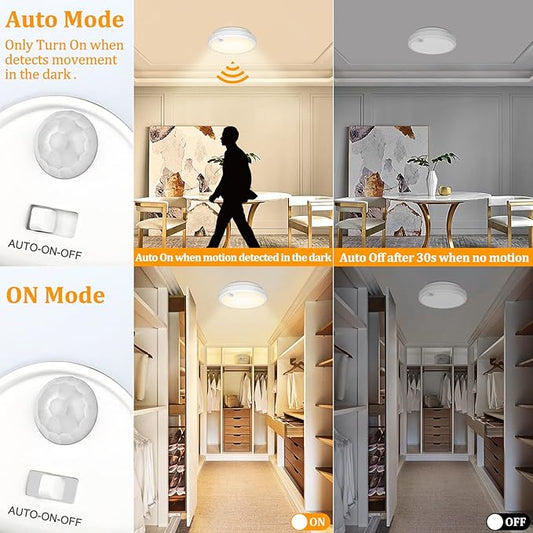 2-Pack Battery Operated Motion Sensor LED Ceiling Lights Indoor, Wireless Flush Mount Light Fixture 3000K in 400LM, Battery Powered Ceiling Lamps for Closet Pantry Laundry Stair(Battery Not Included)