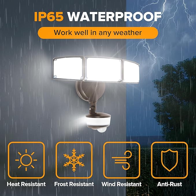 LUTEC 2 Pack 74W 8000 Lumen Motion Sensor Outdoor Lights, 5000K Daylight, IP65 Waterproof Flood Lights Outdoor with Night Light, Dusk to Dawn Motion Detector LED Security Light for Garage, Yard-Brown