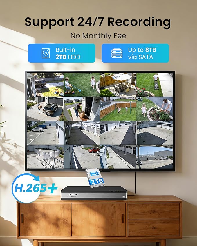 ZOSI 3K Lite 16 Channel Security Camera System with AI Human/Vehicle Detection, 16pcs 2MP Wired Indoor Outdoor CCTV Cameras, Night Vision, 16CH DVR with 2TB HDD for 24/7 Recording, No Monthly Fees