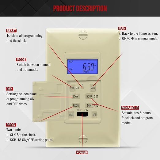 Enerlites 7 Days Digital in-Wall Programmable Timer Switch for Lights, Fans, and Motors, Single Pole, Neutral Wire Required, 7-Day 18 ON/Off Timer Settings, with Blue Backlight, HET01, Ivory | UL Listed, Digital In-Wall Switch Timer with 18 ON/OFF Sett...