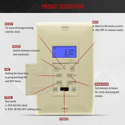 Enerlites 7 Days Digital in-Wall Programmable Timer Switch for Lights, Fans, and Motors, Single Pole, Neutral Wire Required, 7-Day 18 ON/Off Timer Settings, with Blue Backlight, HET01, Ivory | UL Listed, Digital In-Wall Switch Timer with 18 ON/OFF Sett...