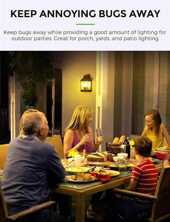 L LOHAS LED Dusk to Dawn Bug Light Bulb Outdoor, A19 Yellow LED Bug Light Bulbs, 9W Auto On/Off Bug Lights for Outside, Amber Porch Light Bulb 60W Equi, Non-Attracting, E26 Base for Backyard, 2 Pack