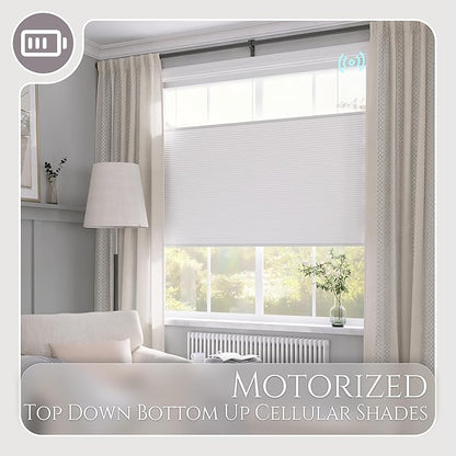 Motorized Top Down Bottom Up Cellular Shades, Smart Electric TDBU Honeycomb Blind with Remote, Blackout or Light Filtering Fabric, Automatic Cellular Shade for Home and Office Indoor Window