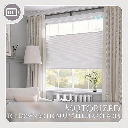 Motorized Top Down Bottom Up Cellular Shades, Smart Electric TDBU Honeycomb Blind with Remote, Blackout or Light Filtering Fabric, Automatic Cellular Shade for Home and Office Indoor Window