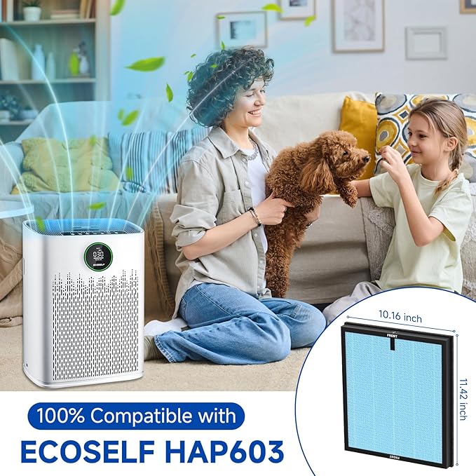 2 Pack HAP603 Replacement Filter Compatible with ECOSELF HAP603 / HAP603WF Air Puri-Fier Filter, Air Puri-fiers Replacement for Home Large Room with Smart Mode, # RFHAP603, Blue