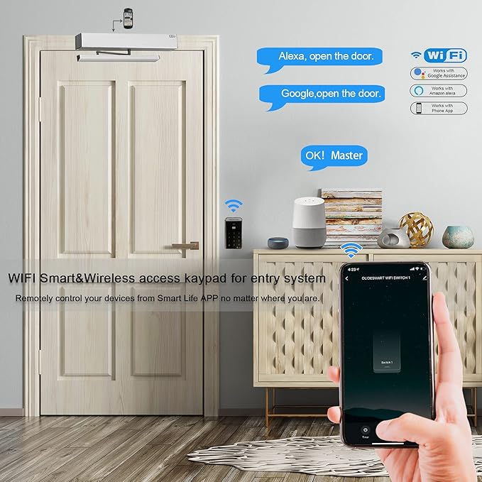Olideauto Smart Home Door Opener WiFi Phone APP Remote Control Automatic Swing Door,Compatible with Alexa,Google Home,Voice Control Access with Wireless Access Keypad,Electric Strike,Receiver